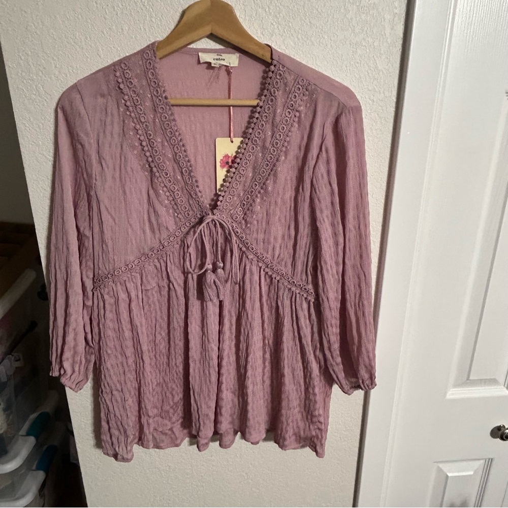 Entro Mauve Long sleeve V-Neck Babydoll Tunic Top With Tie Sheer NEW Med